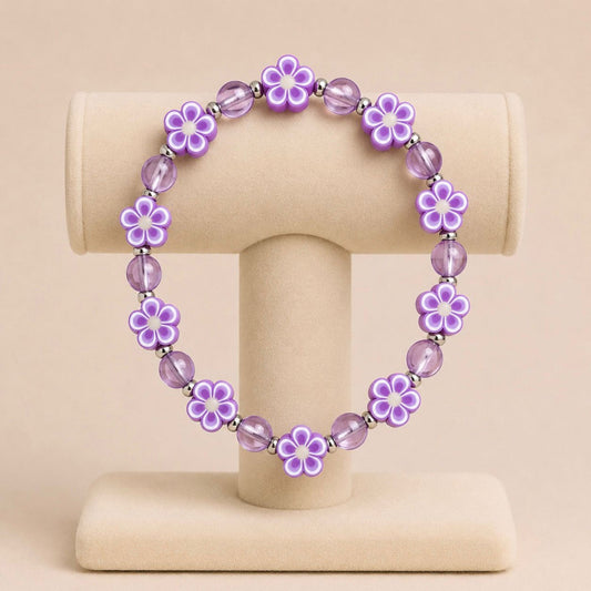 Elegant LOVELY SPRING stretch bracelet with beads and polymer clay flowers on elastic band