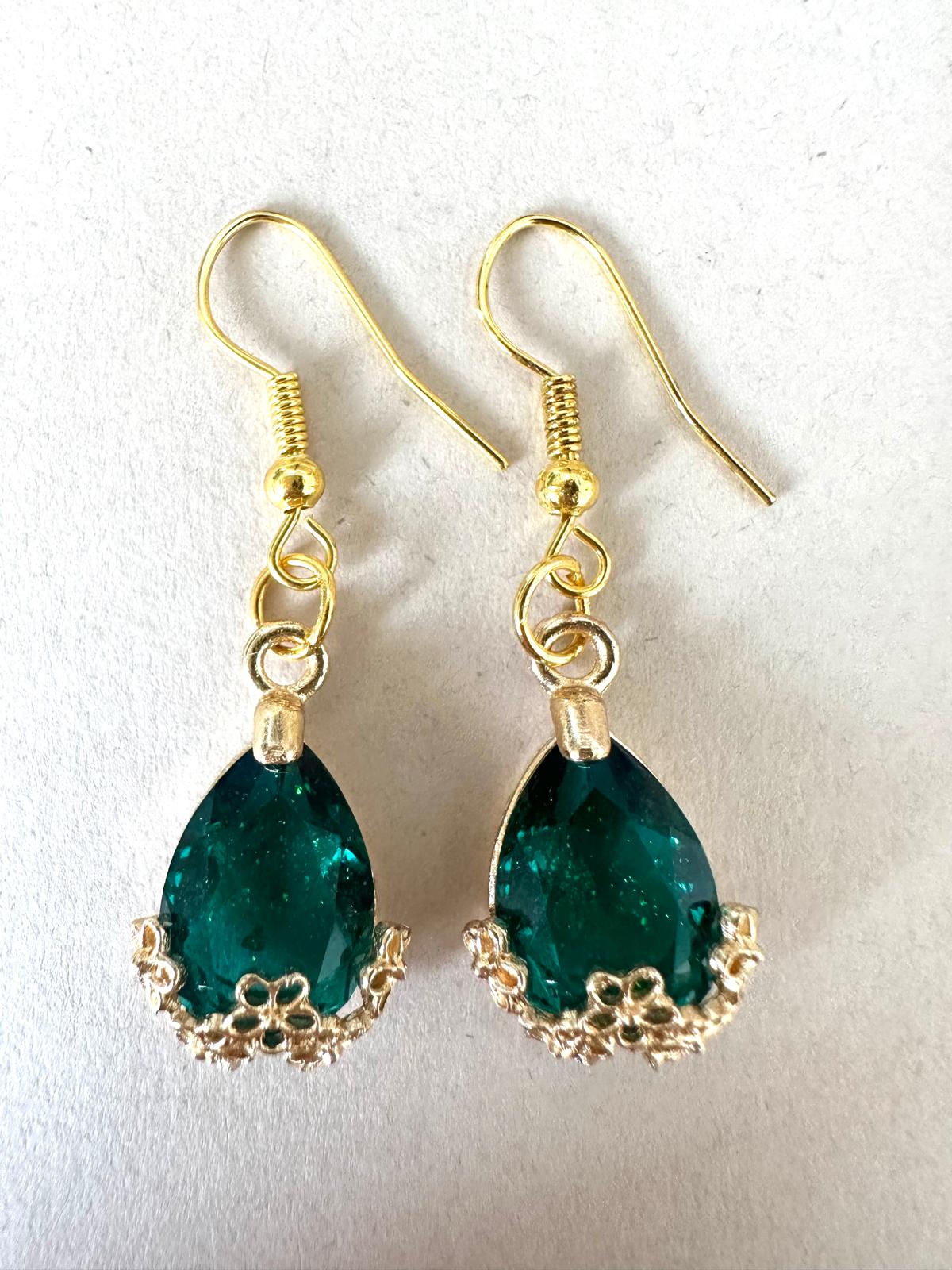 Handmade golden teardrop earrings with sparkling crystal and 18K gold-plated hooks