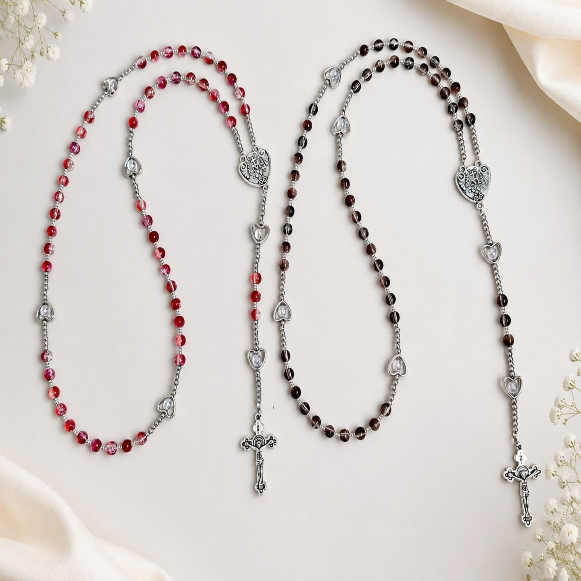 Sacred Grace Handmade Rosary with red glass beads and silver-tone heart-shaped accents