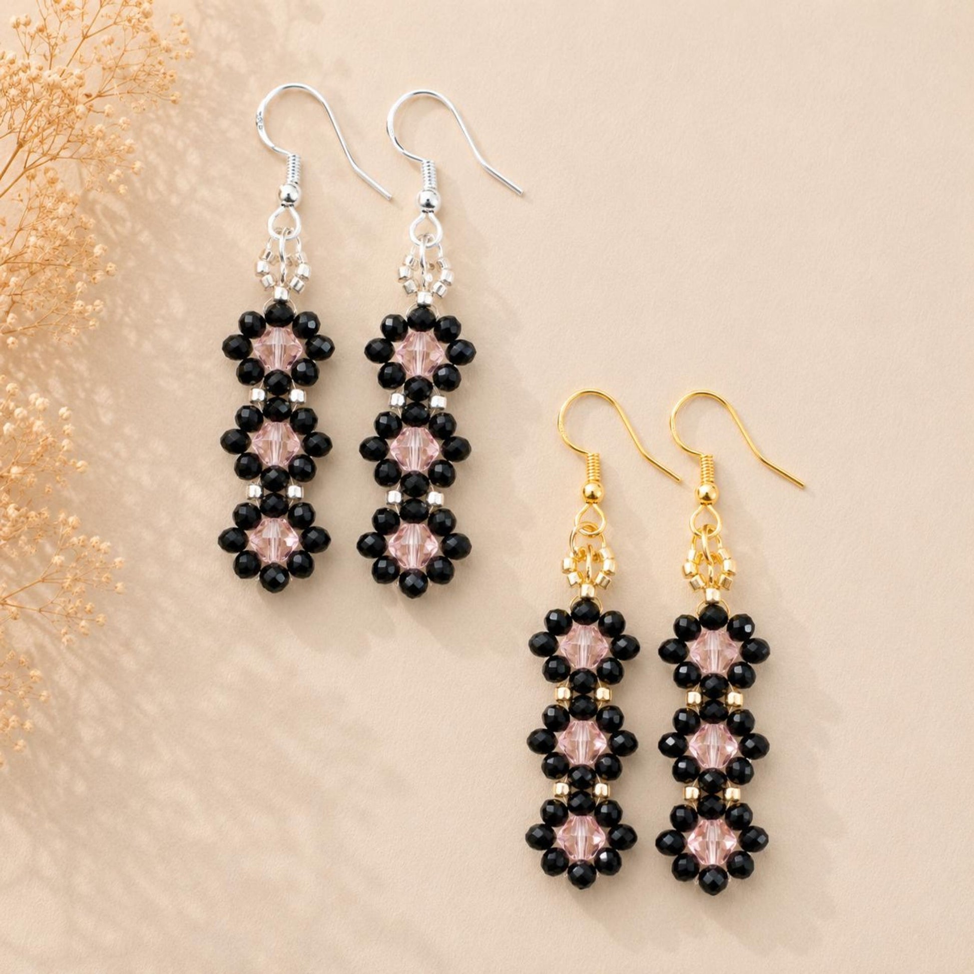 Dark floral earrings with black and pink beads, gold or silver S925 leverback hooks, elegant handmade jewelry