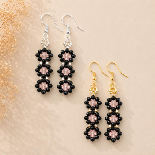 Dark floral earrings with black and pink beads, gold or silver S925 leverback hooks, elegant handmade jewelry