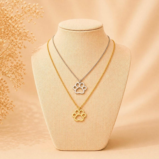 Elegant stainless steel paw print necklace in gold and silver, 45 cm length, waterproof and tarnish resistant accessory for pet lovers