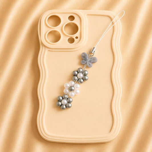 Grey butterfly floral handmade phone charm with faux pearls and versatile design