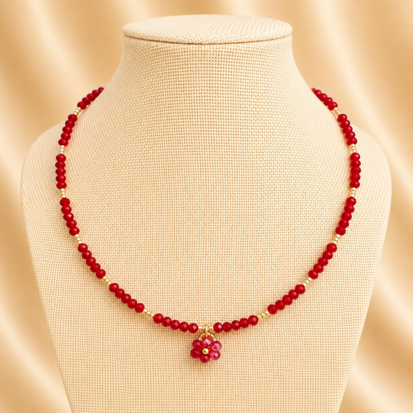 Handmade red glow flower necklace with crystal and gold beads on gold-plated chain