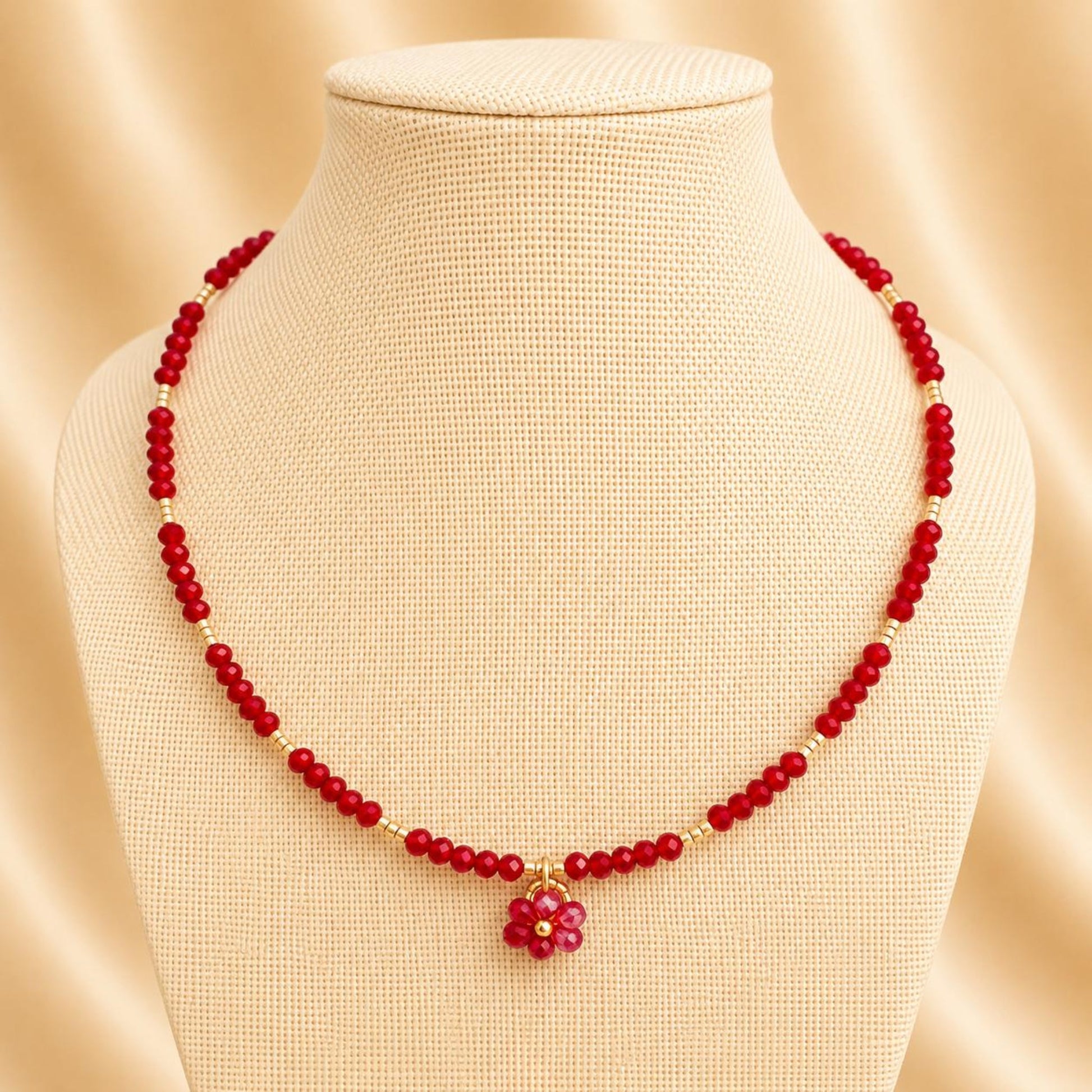 Handmade red glow flower necklace with crystal and gold beads on gold-plated chain