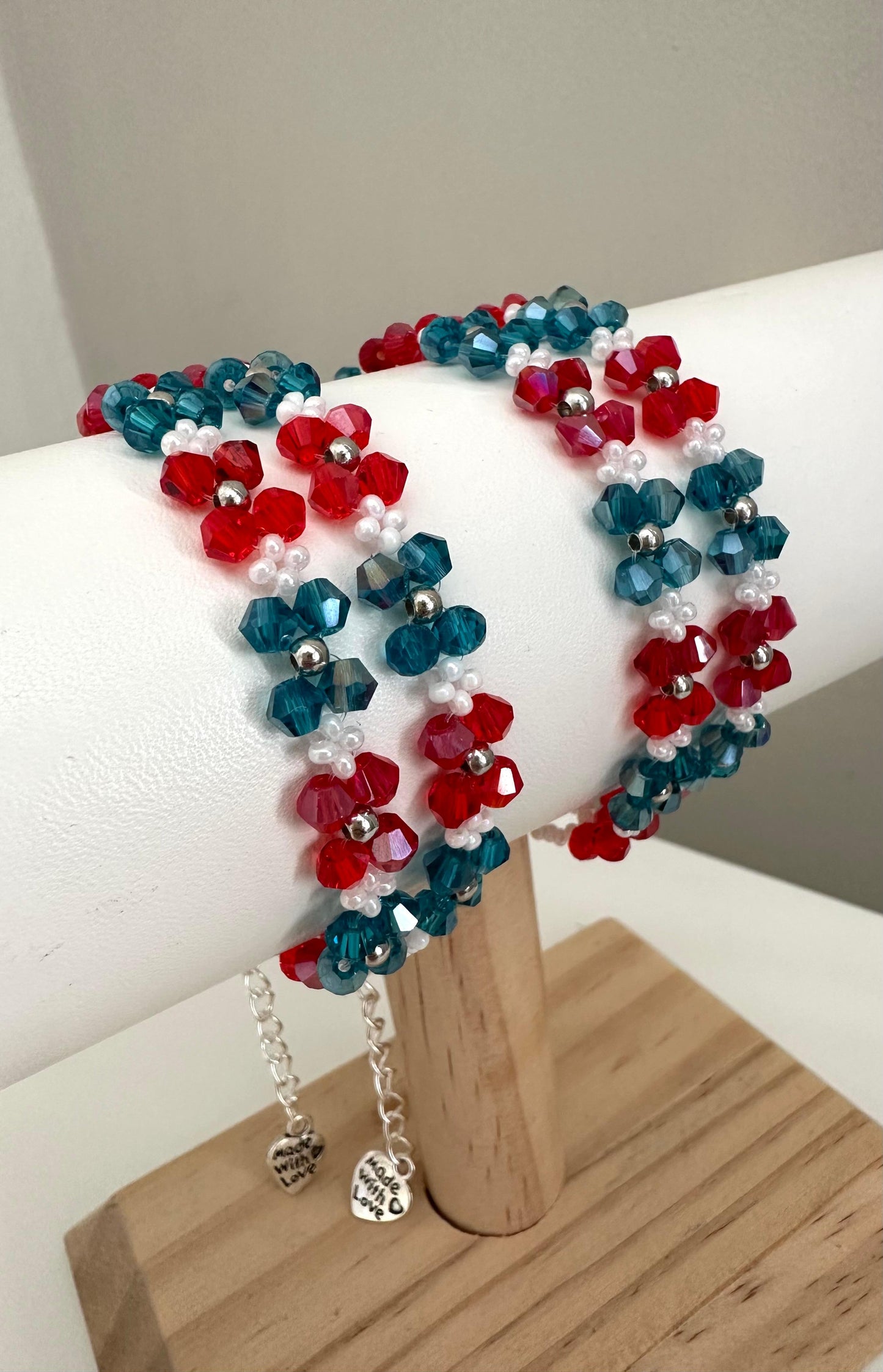 Handmade ALPINE CORAL bracelet with red, turquoise, white, and silver beads on nylon string with stainless steel clasp