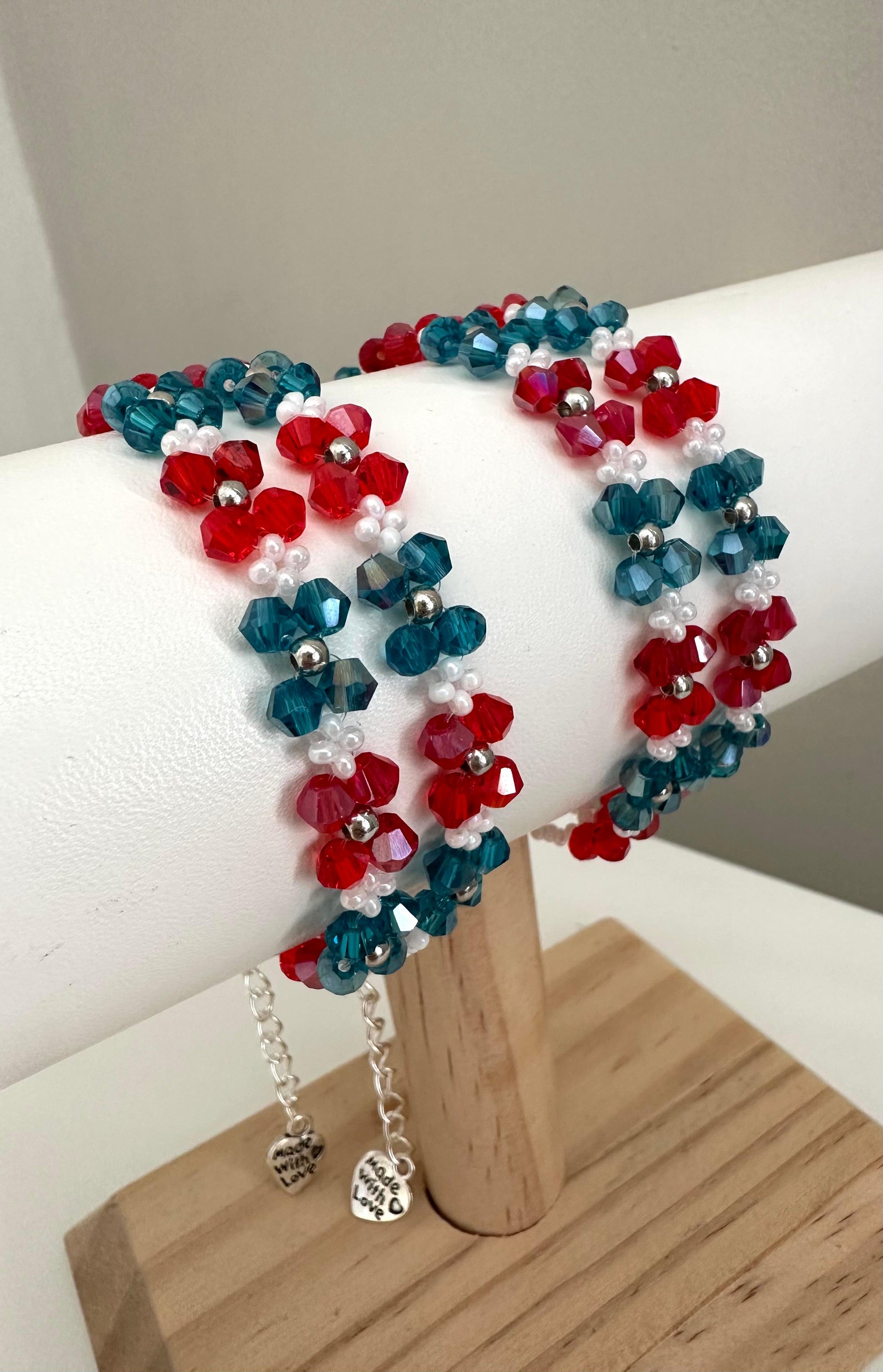 Handmade ALPINE CORAL bracelet with red, turquoise, white, and silver beads on nylon string with stainless steel clasp
