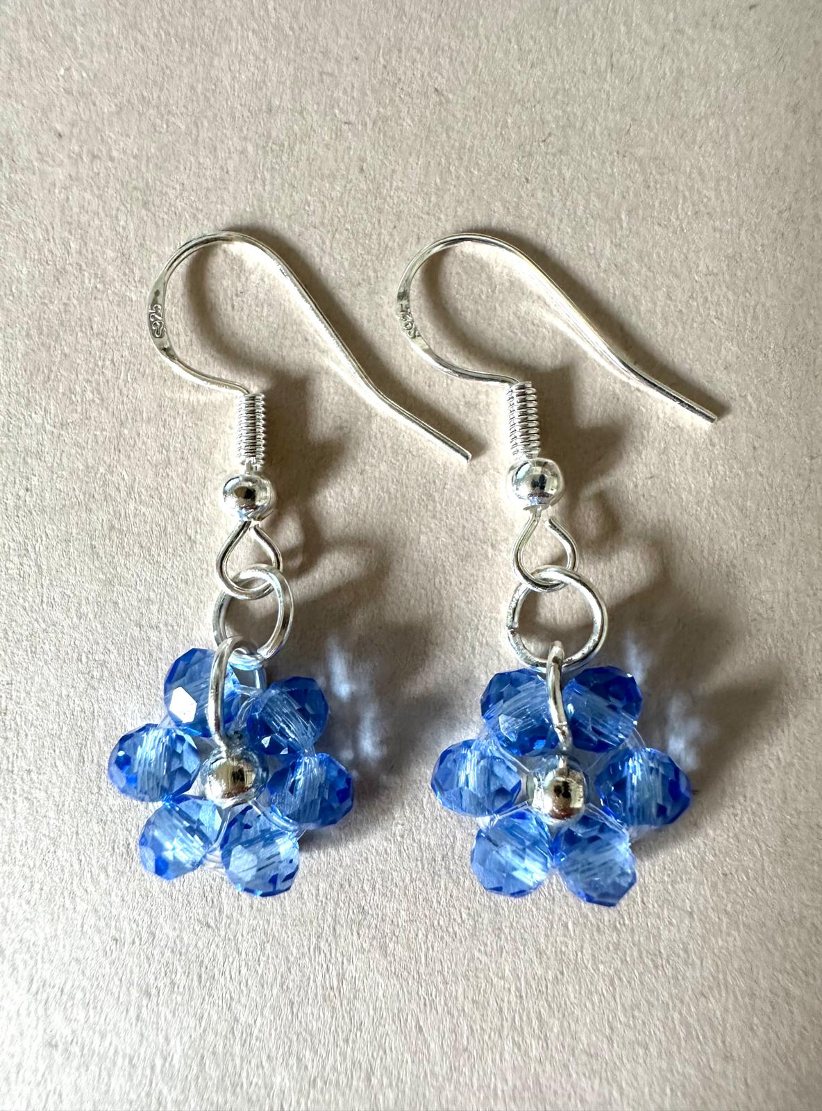 Handmade flower blossom silver earrings with glass beads and sterling silver hooks