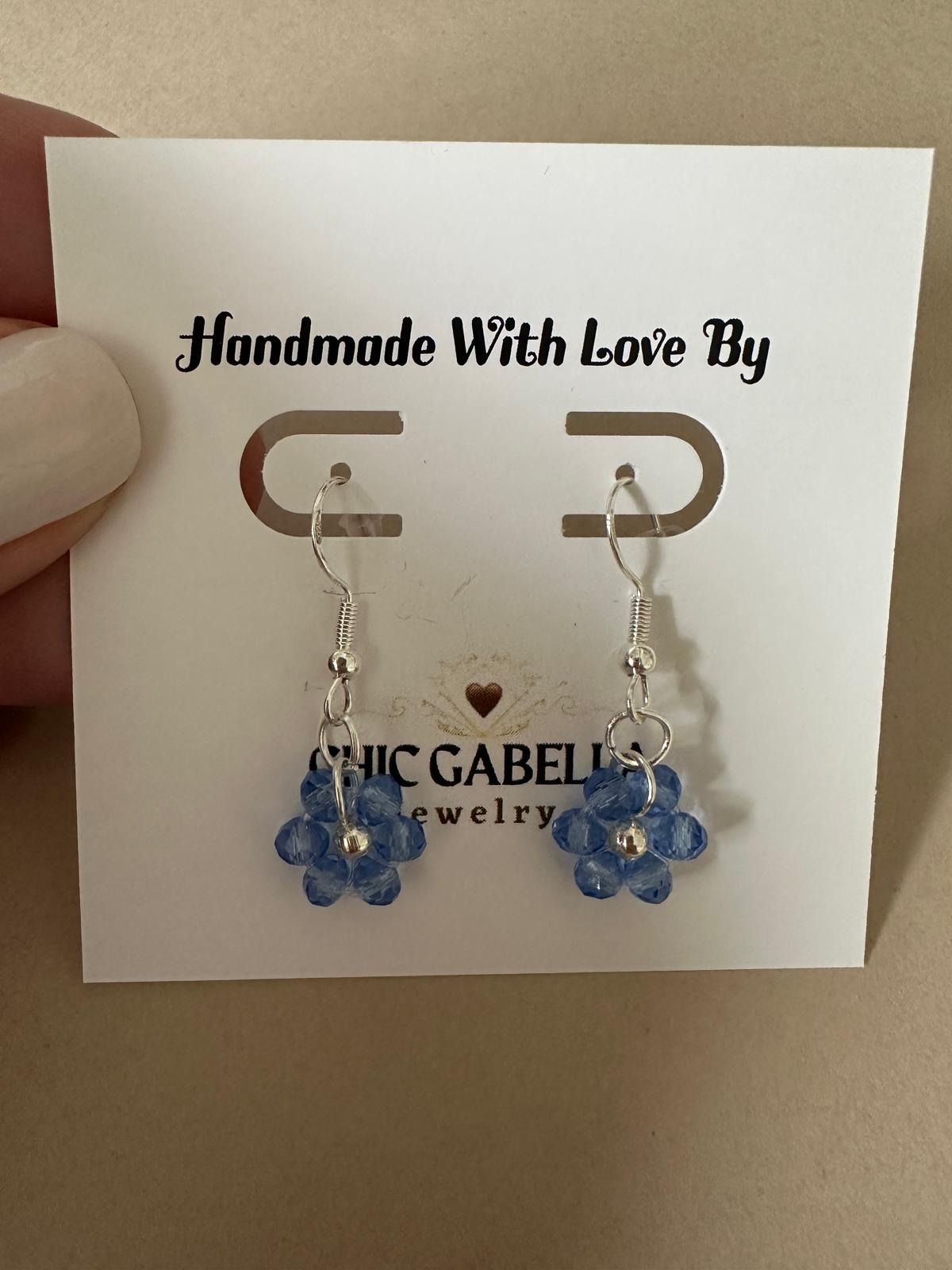 Handmade flower blossom silver earrings with glass beads and sterling silver hooks