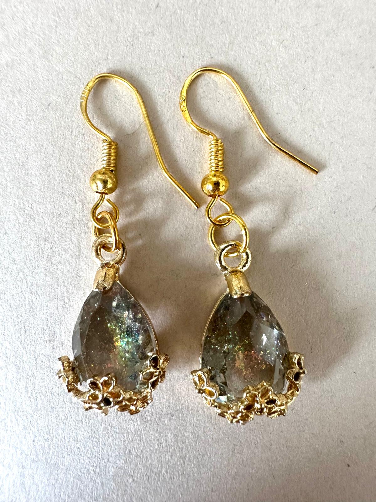 Handmade golden teardrop earrings with faceted crystal and 18K gold-plated hooks