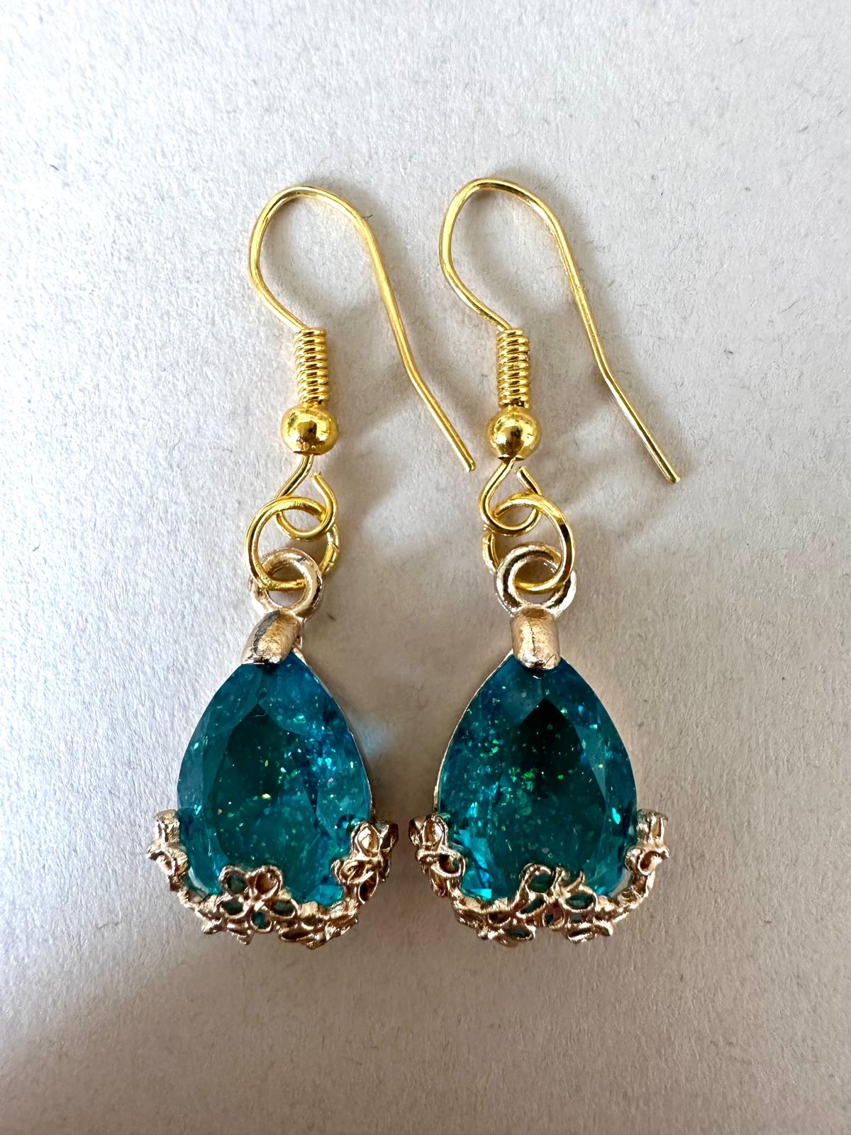 Handmade golden teardrop earrings with faceted crystal and 18K gold-plated hooks
