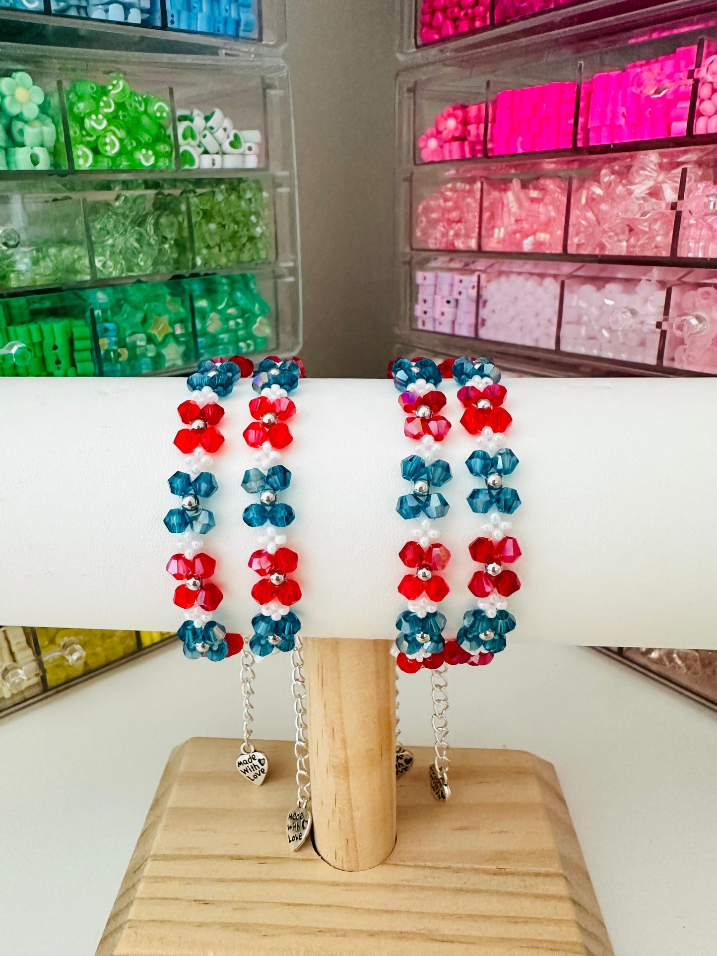 ALPINE CORAL handmade bracelet with red, turquoise, white, and silver beads on a stainless steel chain