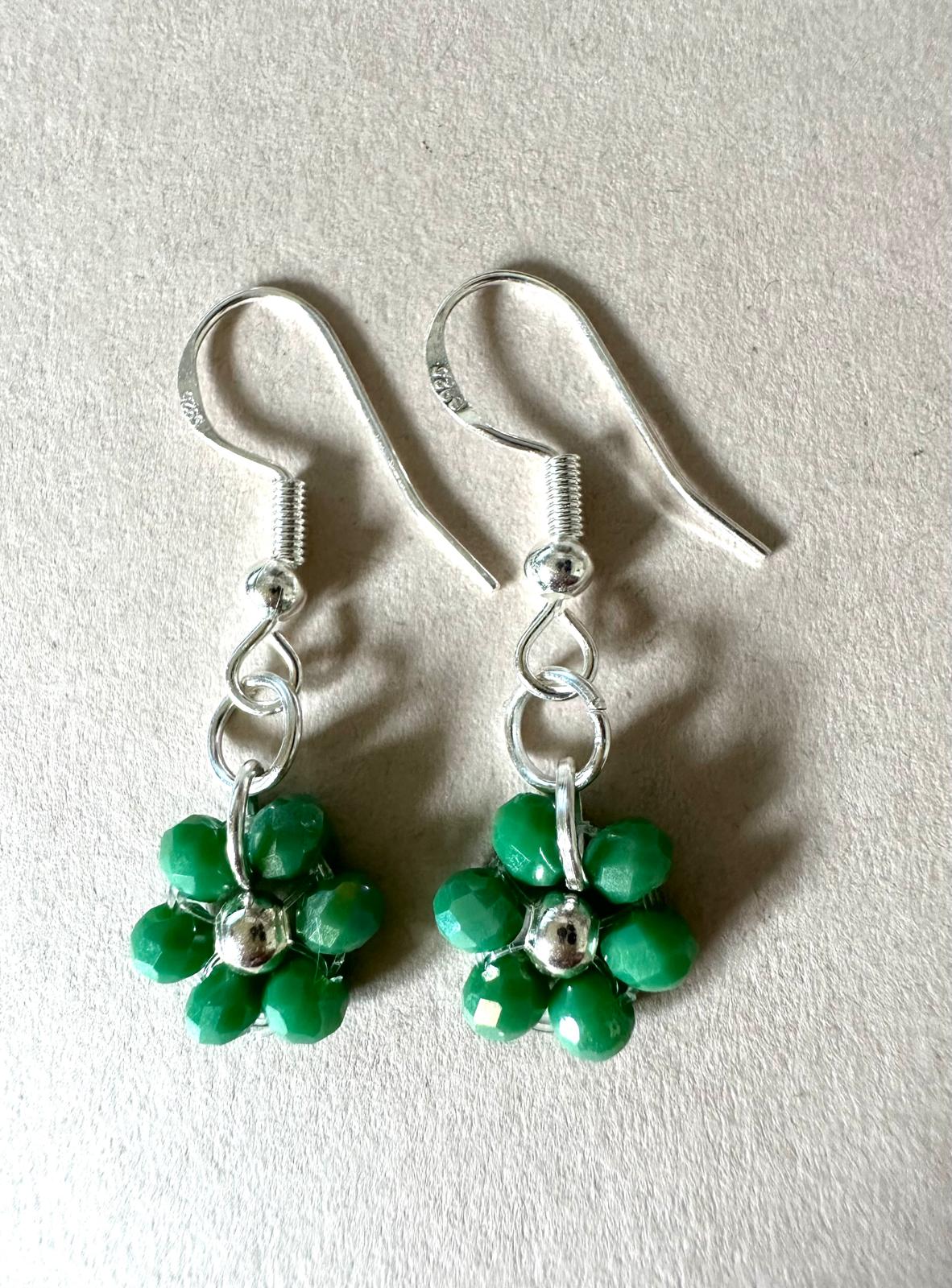 Delicate handmade flower blossom silver earrings with glass beads and 925 sterling silver hooks