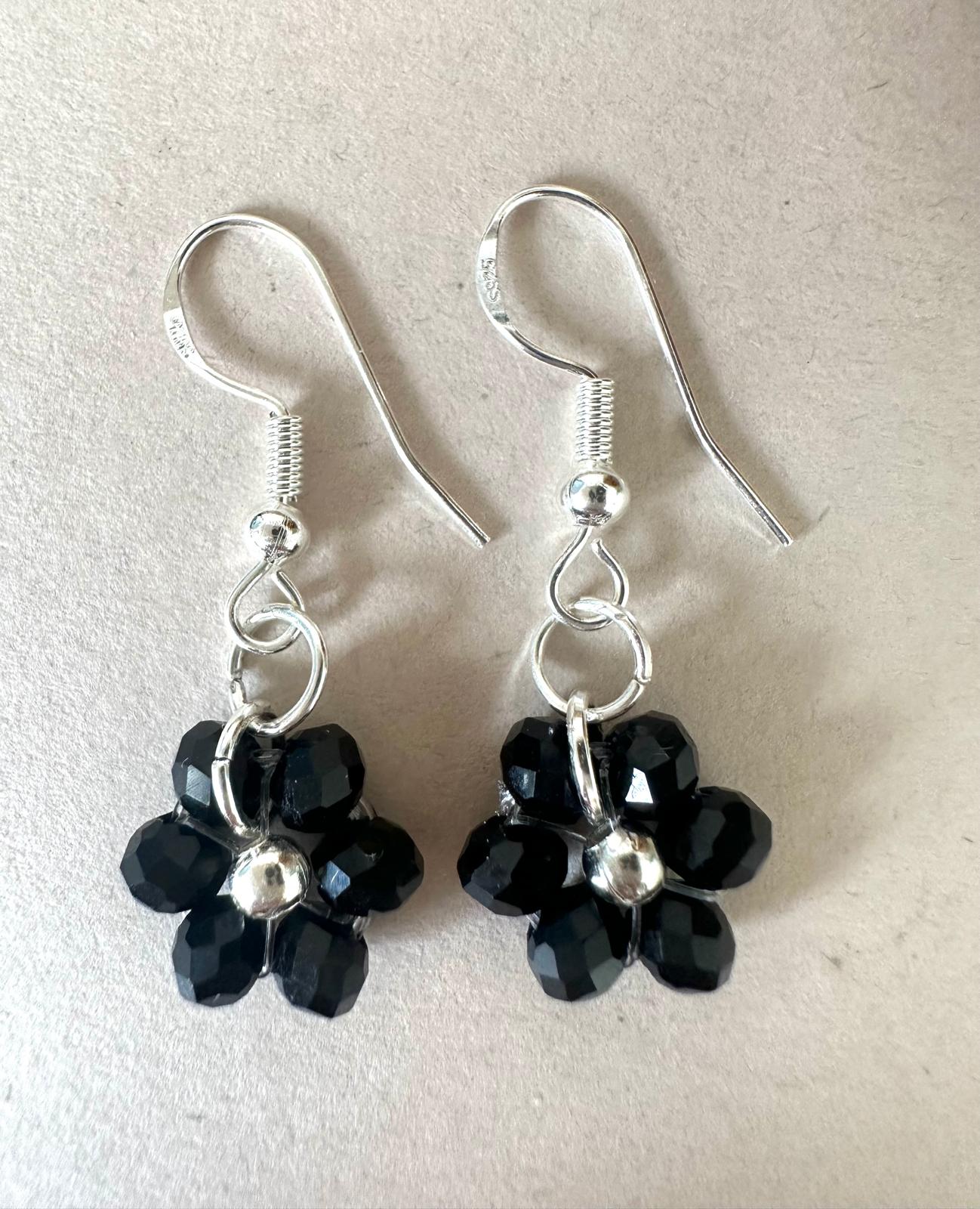 Handmade flower blossom silver earrings with 925 sterling silver hooks and glass bead accents