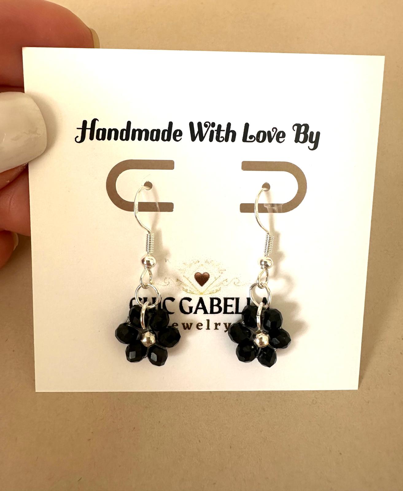 Handmade flower blossom silver earrings with glass beads and sterling silver hooks