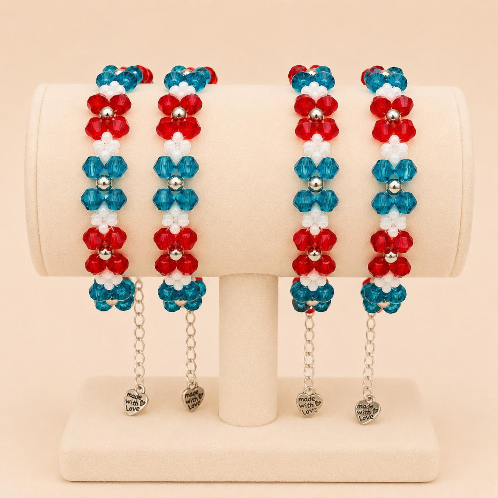 ALPINE CORAL handmade bracelet with red, turquoise, white, and silver beads on stainless steel chain