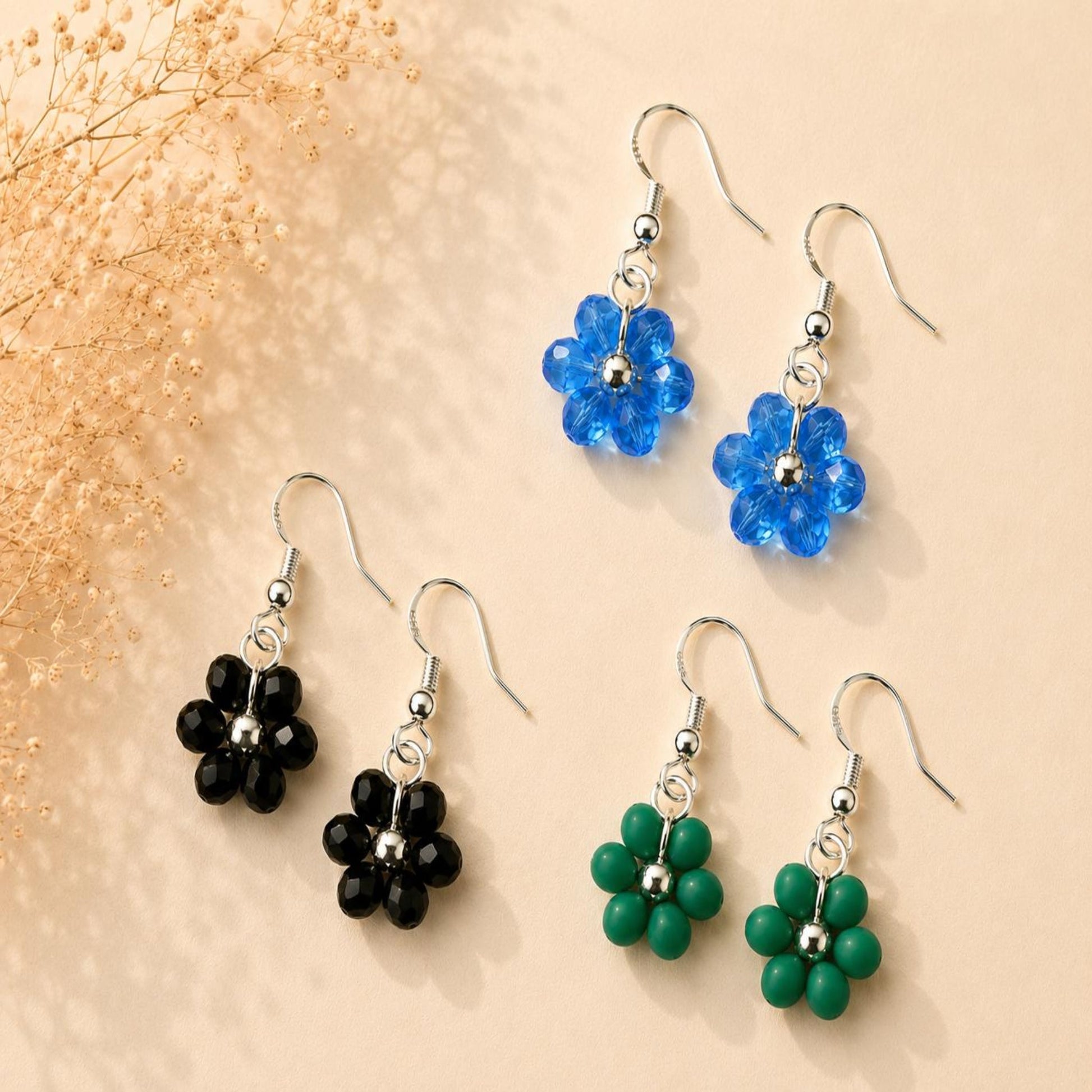Handmade flower blossom silver earrings with glass beads and 925 sterling silver hooks