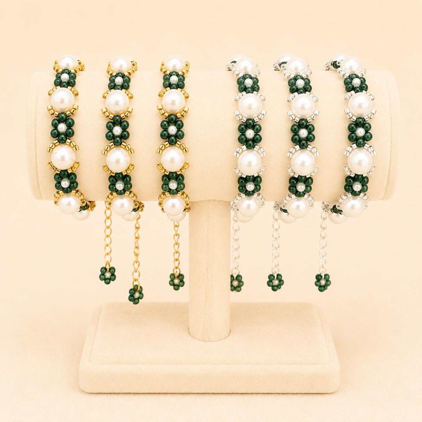 Handmade Mystic Garden Pearl bracelet with green glass beads, faux pearls, and silver or gold stainless steel clasp, elegant jewelry accessory