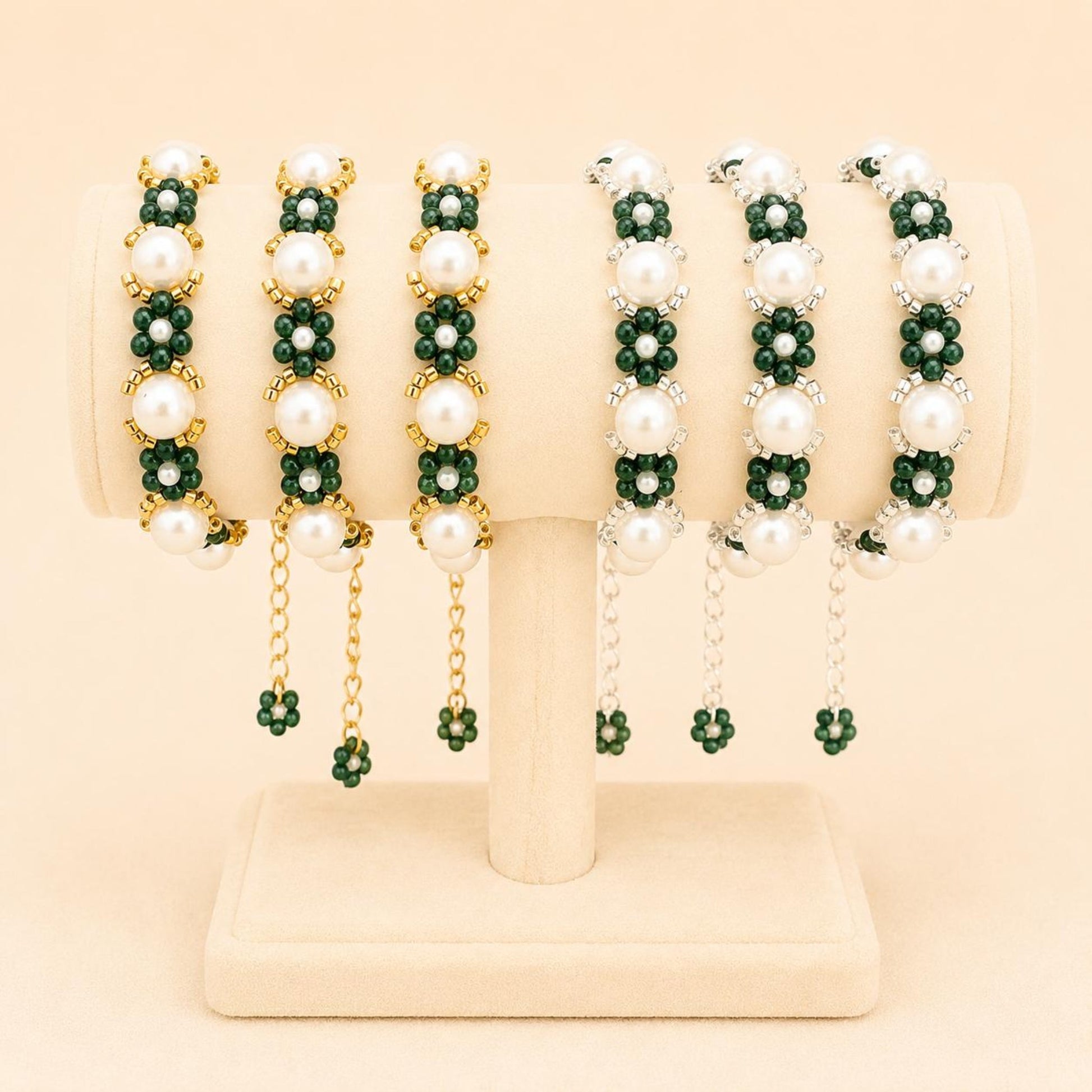 Handmade Mystic Garden Pearl bracelet with green glass beads, faux pearls, and silver or gold stainless steel clasp, elegant jewelry accessory