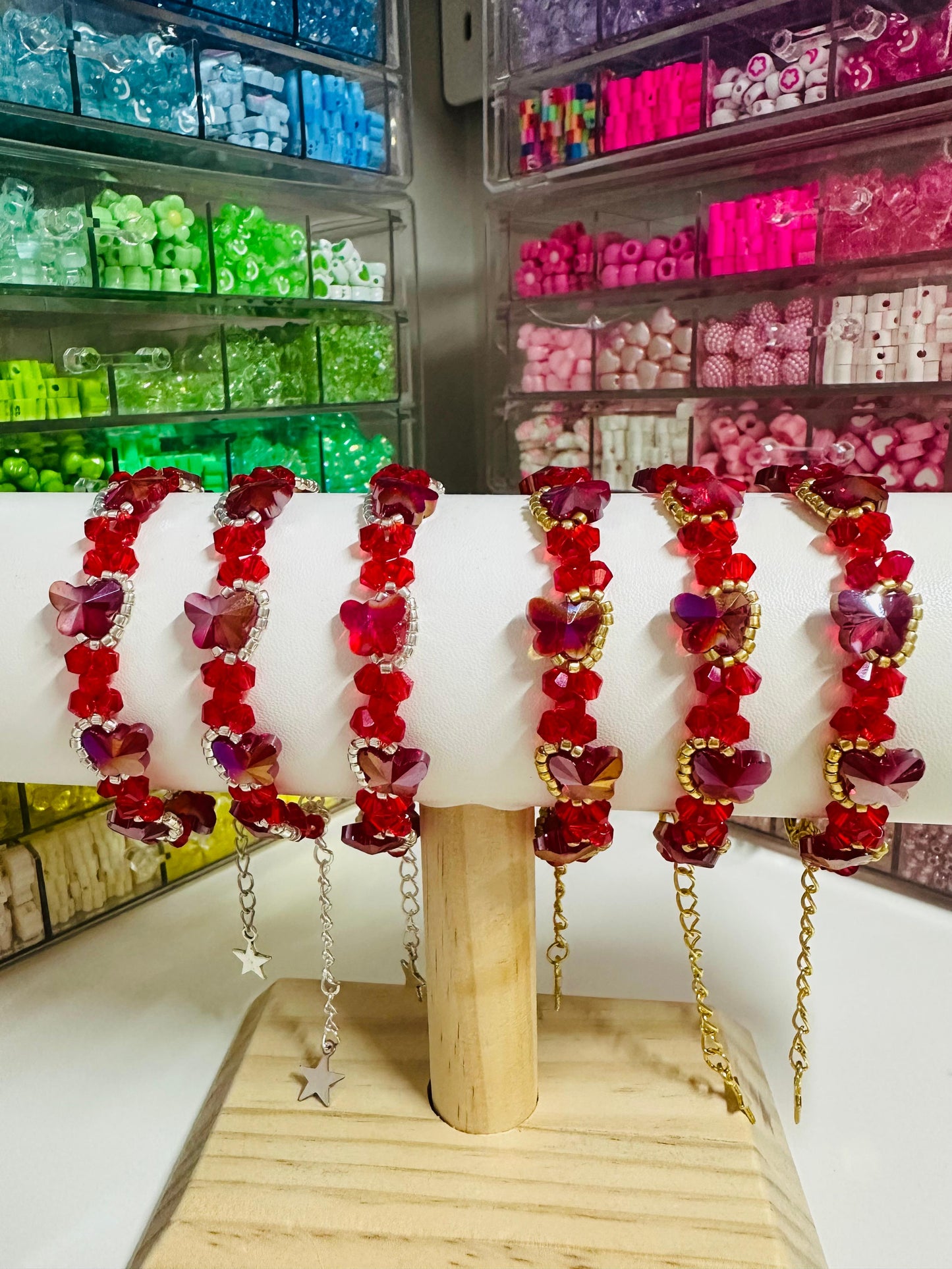 RED BUTTERFLY SPARKLE Handmade Bracelet - Gold or Silver Options