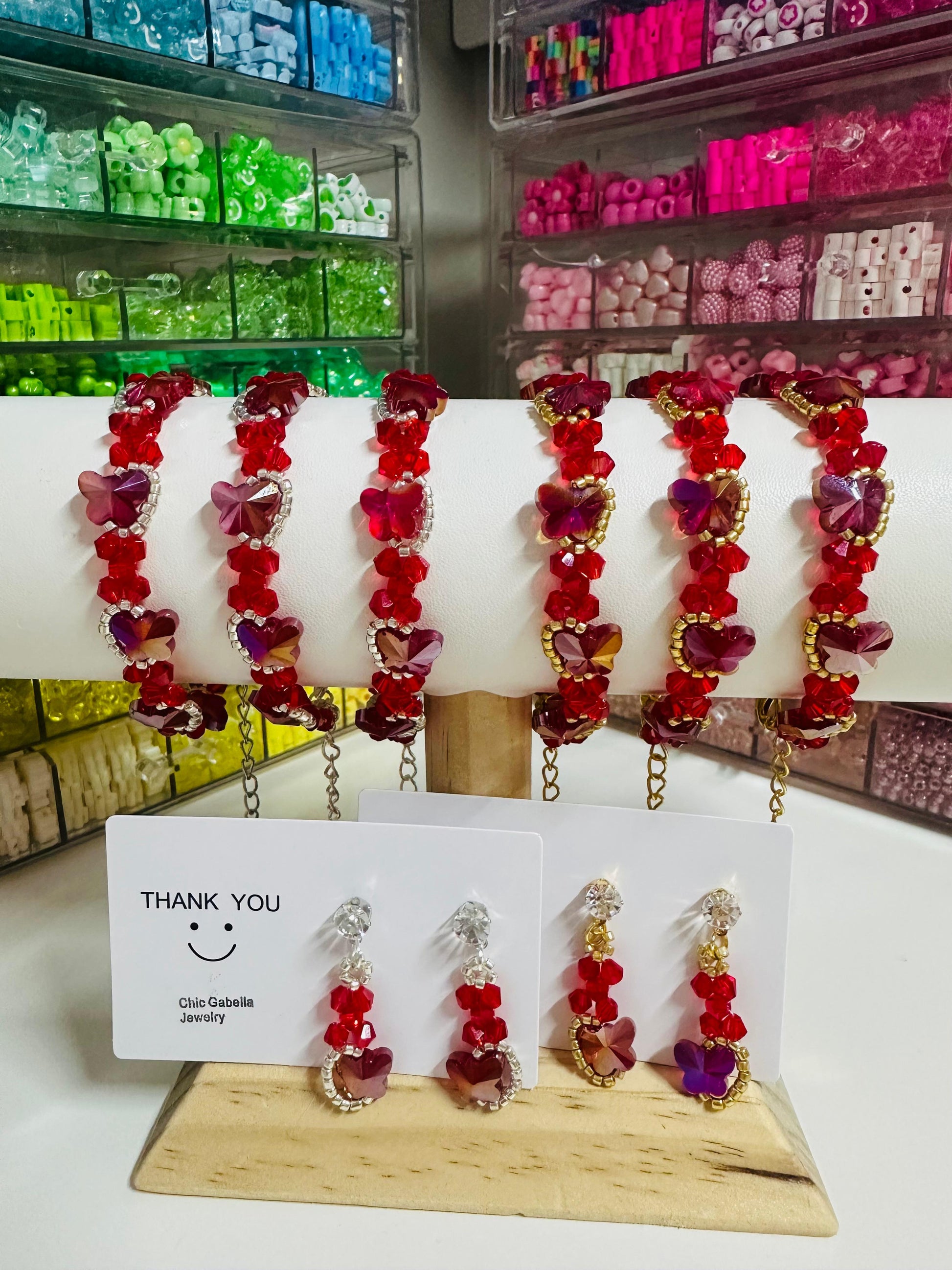 RED BUTTERFLY SPARKLE Handmade Bracelet / Earrings - Gold or Silver Options