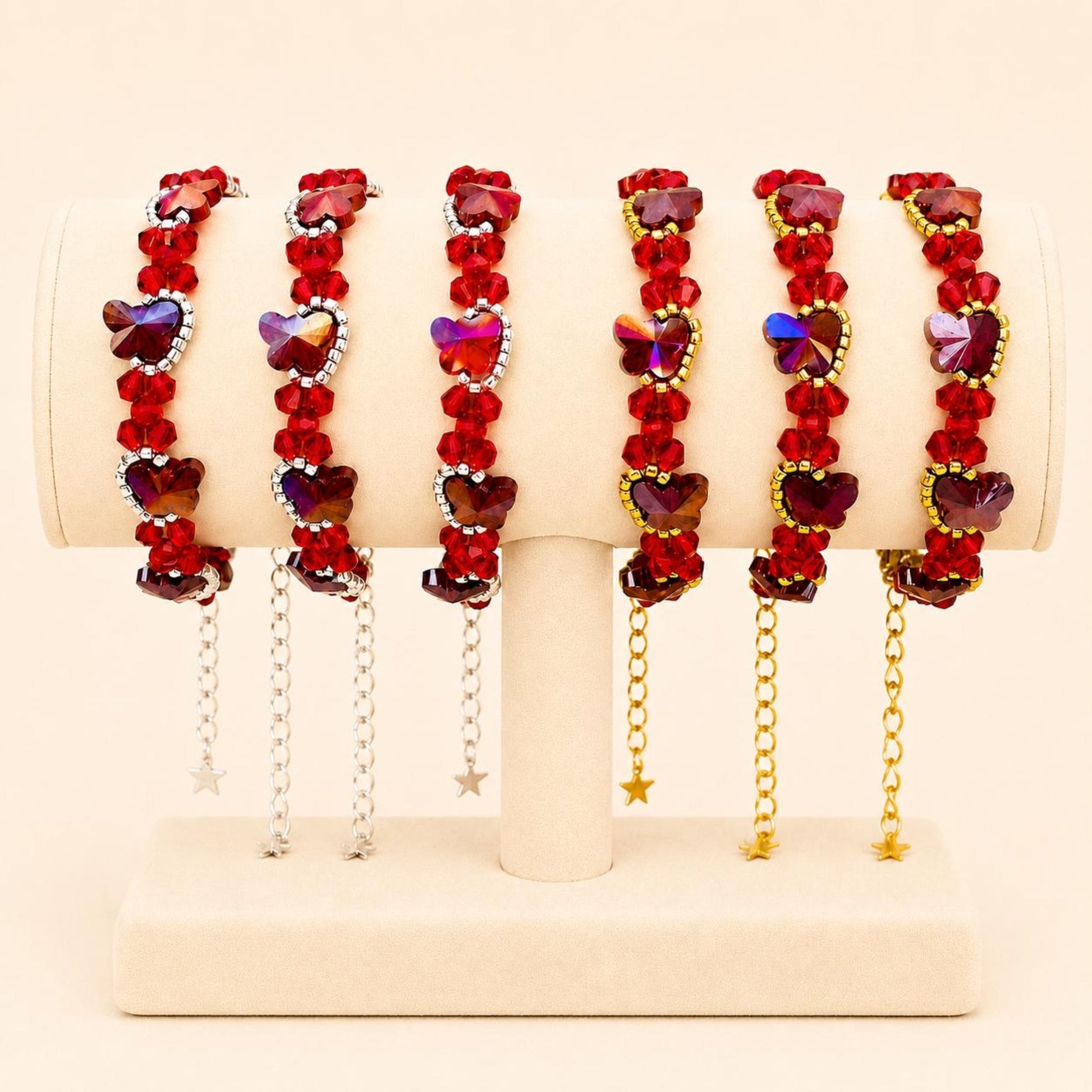 Handmade red butterfly sparkle bracelet with gold or silver beads and extender chain
