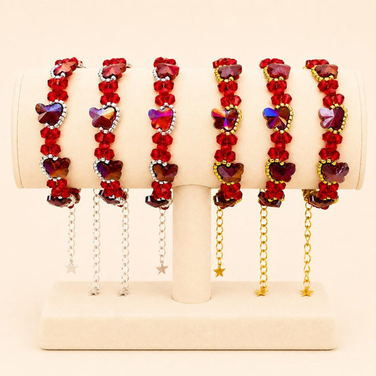 Handmade red butterfly sparkle bracelet with gold or silver beads and extender chain