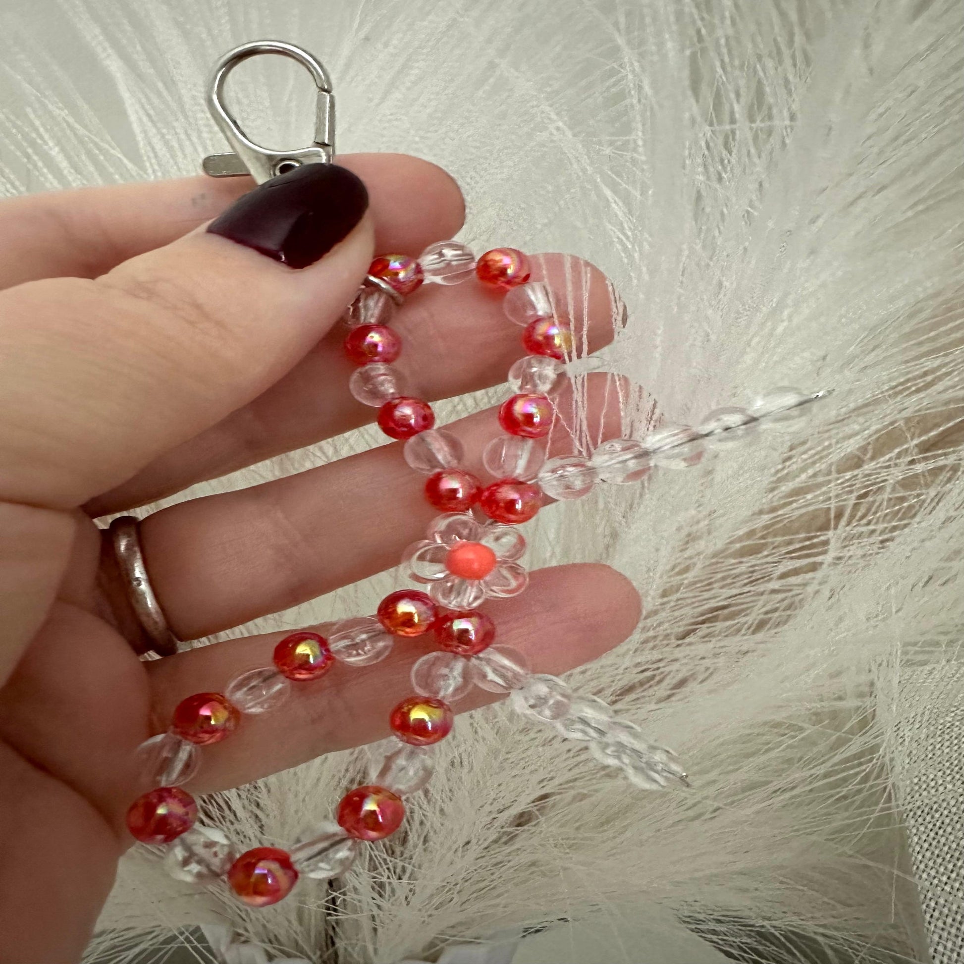 Handmade Transparent Reddish - Orange BOW Silver Keychain