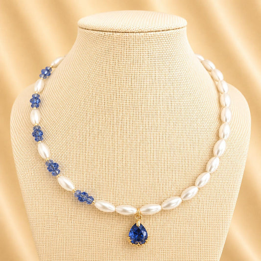 Handmade MIRACLE pearl necklace with blue crystal beads and gold teardrop pendant
