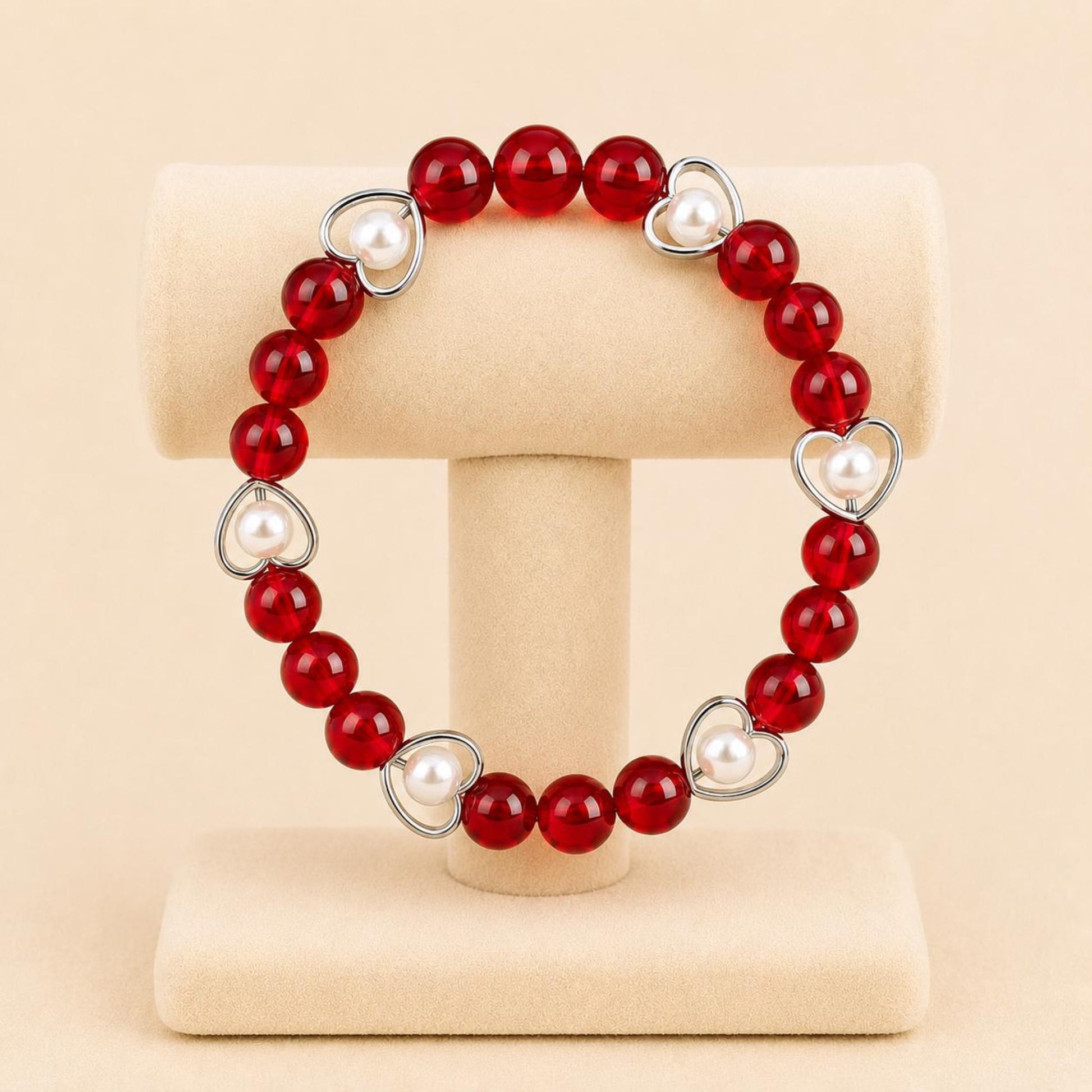 LOVE GLOW stretch bracelet with red glass beads, white faux pearls, and silver heart charm on elastic band
