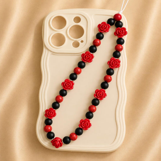 Handmade red floral phone charm with stone beads accessory for phone and bags