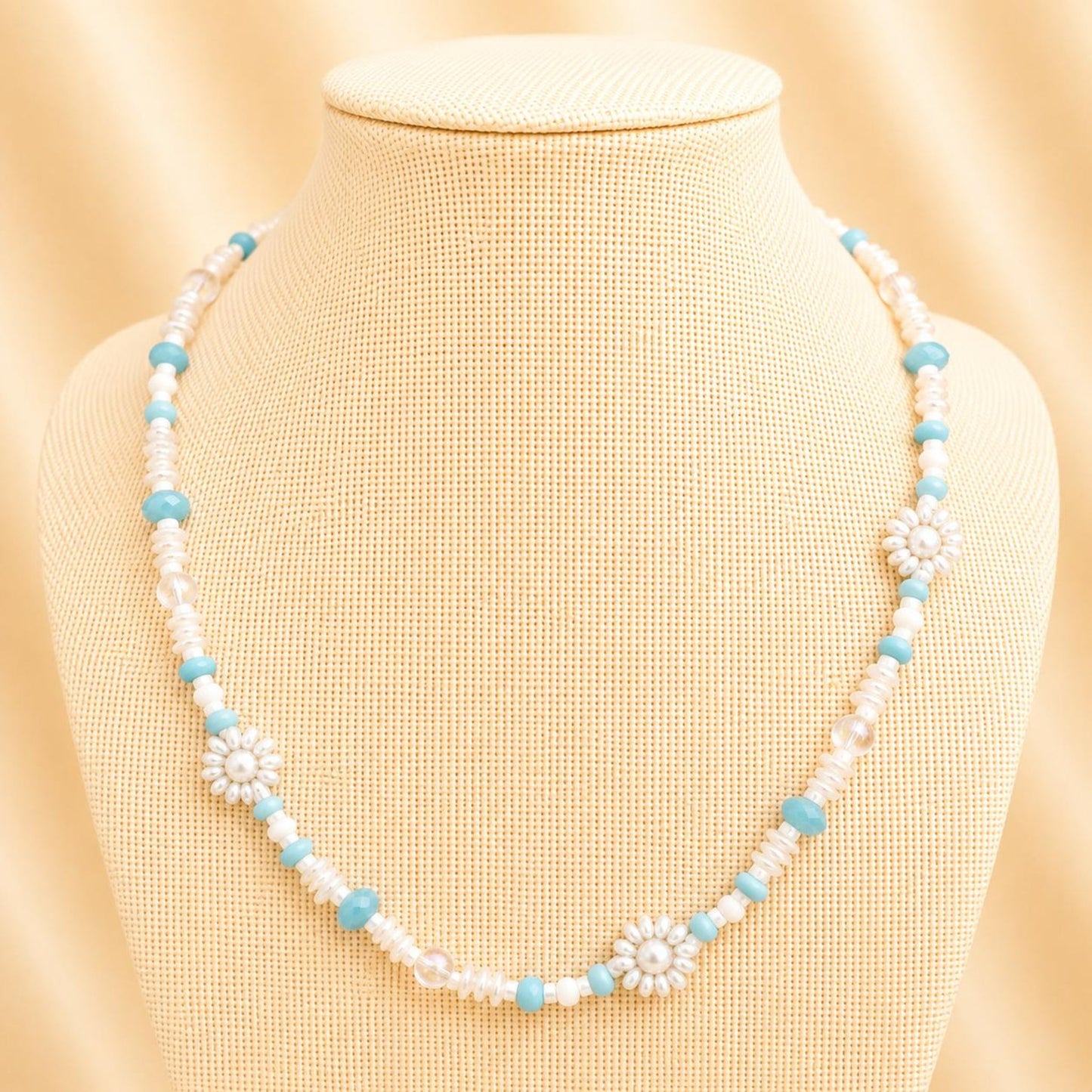 Handmade OCEAN MIST necklace with light blue and white glass beads and faux pearls