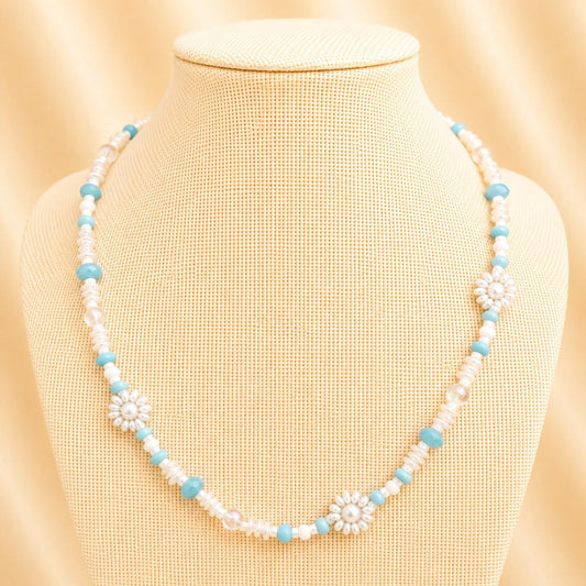 Handmade OCEAN MIST necklace with light blue and white glass beads and faux pearls