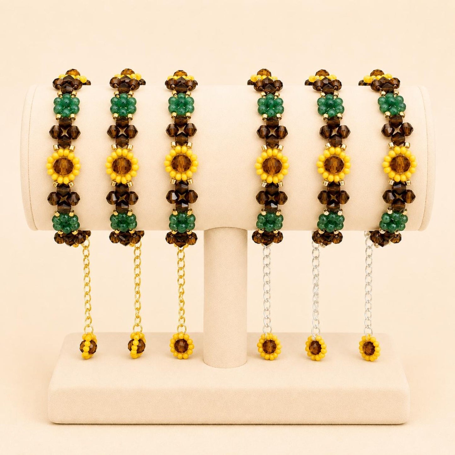 Handmade AUTUMN SUNFLOWER bracelet with green, brown, yellow beads and gold or silver clasp