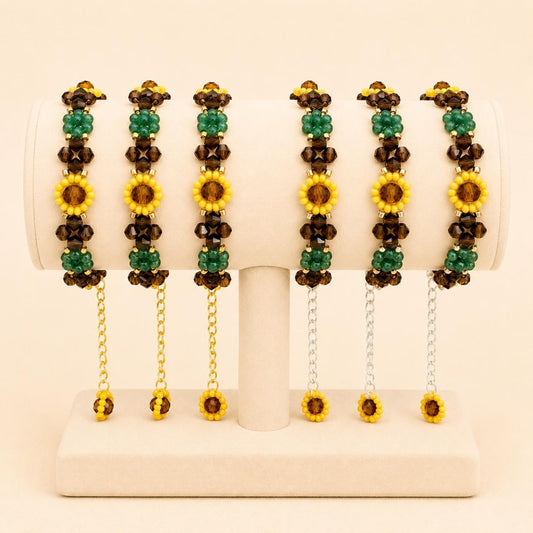Handmade AUTUMN SUNFLOWER bracelet with green, brown, yellow beads and gold or silver clasp