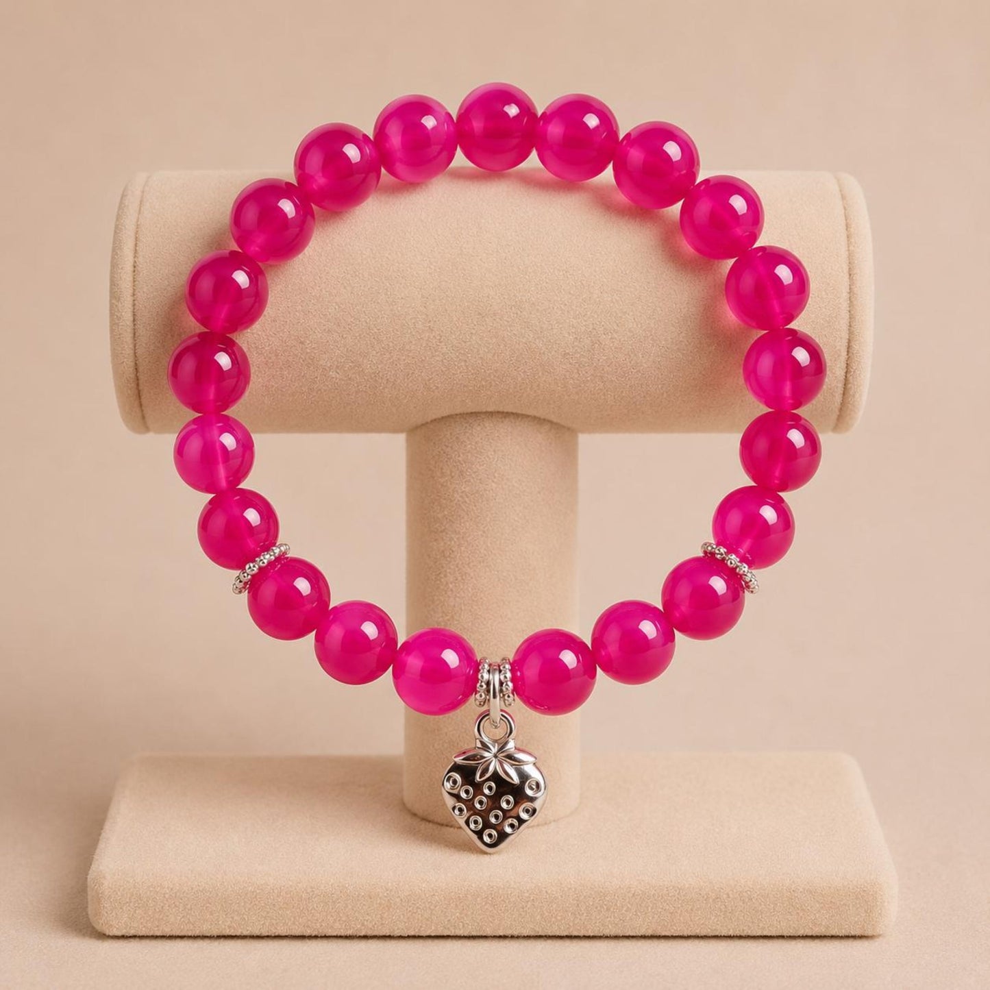 STRAWBERRY DREAMS stretch bracelet with fuchsia glass beads and silver strawberry charm