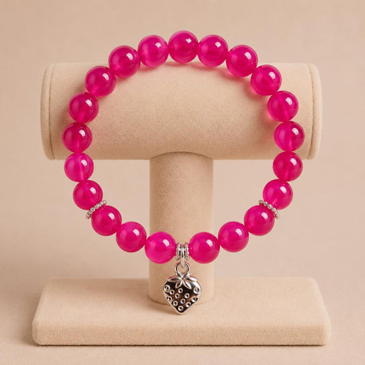 STRAWBERRY DREAMS stretch bracelet with fuchsia glass beads and silver strawberry charm