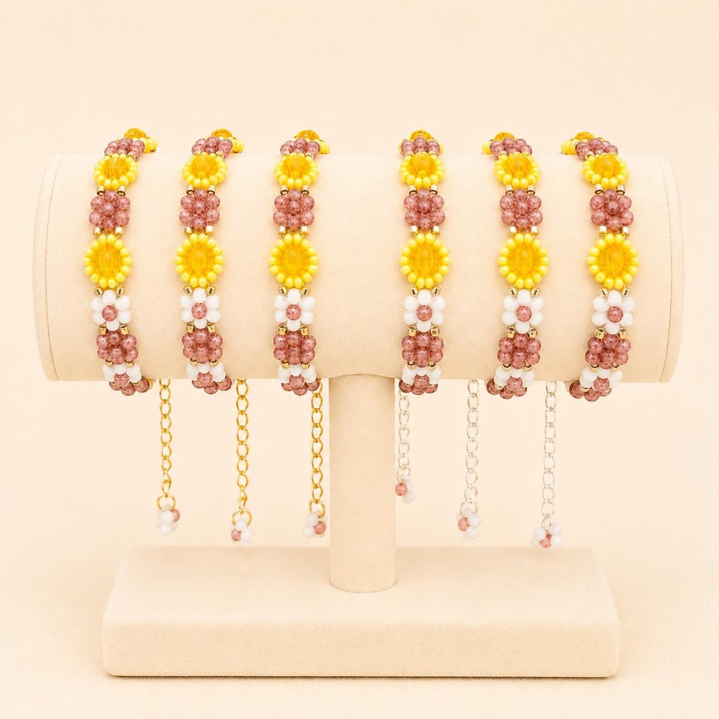 SUNLIGHT BLOSSOM handmade bracelet with gold or silver beads and adjustable chain