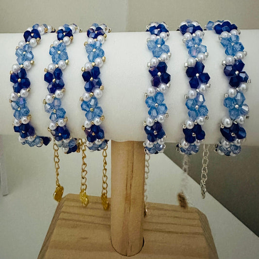 BLUE HARMONY Handmade Bracelet with blue crystals, white pearls, and gold or silver beads