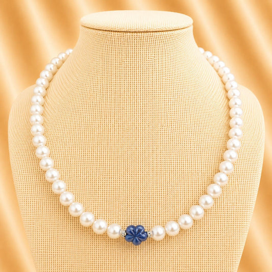 Handmade DREAMY PEARL GARLAND necklace with white faux pearls, silver rhinestones, and blue flower bead
