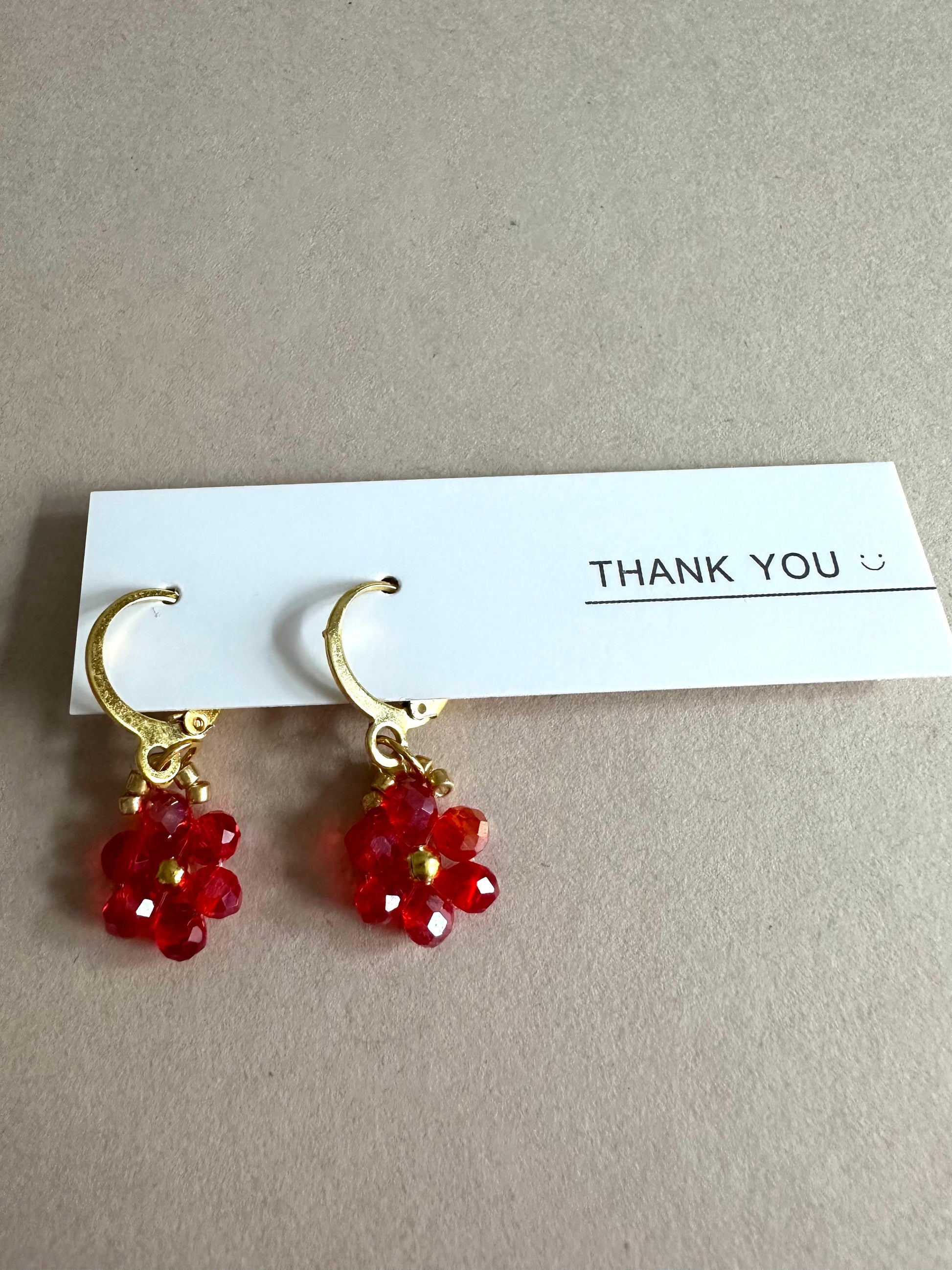 Red Glow golden earrings with red crystal and gold beads on 18K gold-plated hooks