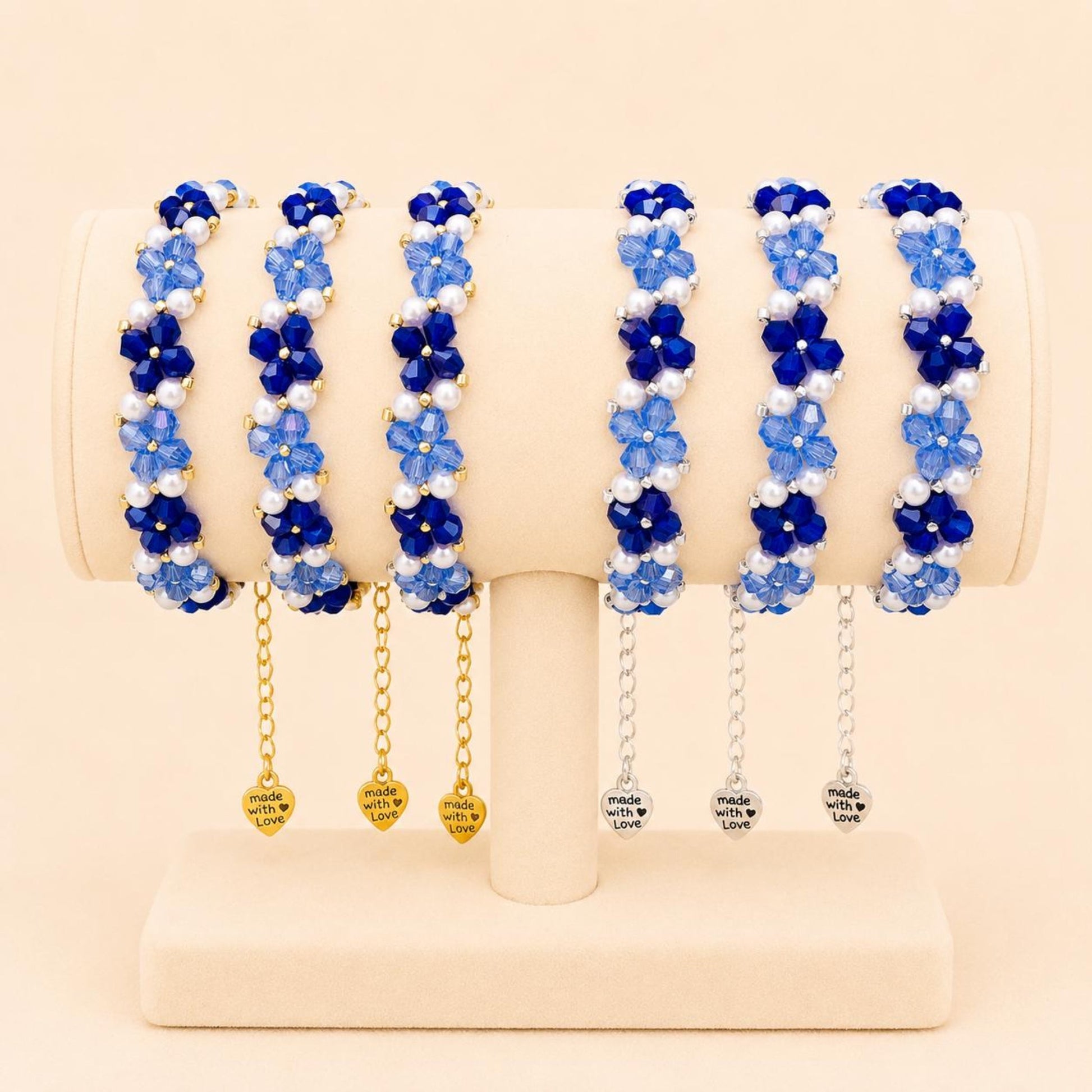 Handmade BLUE HARMONY bracelet with blue crystal beads, faux pearls, and gold or silver clasp options