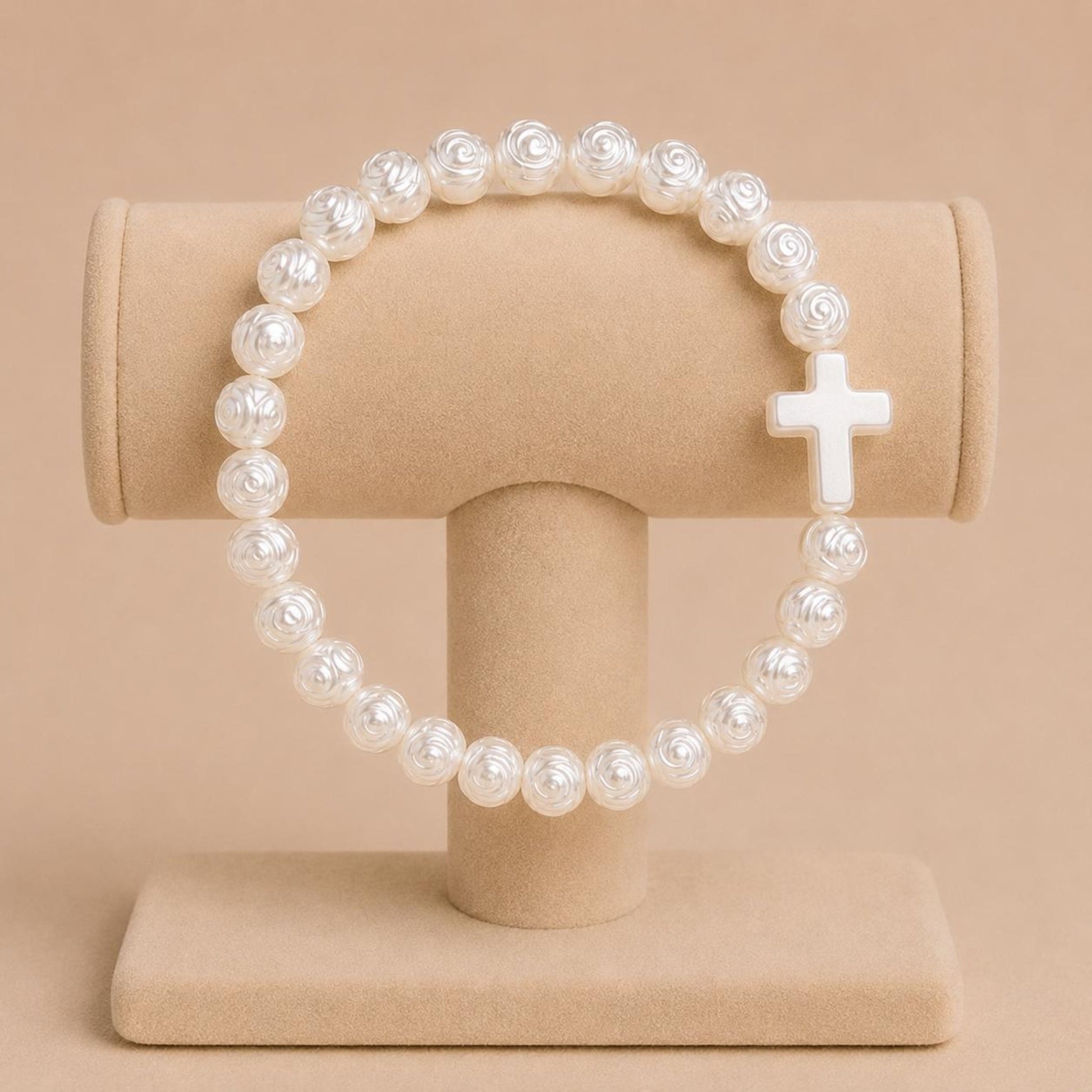 White Rose Cross Stretch Bracelet with ivory white rose-shaped faux pearl beads and cross charm on elastic band