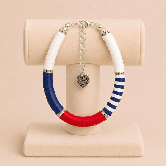 SIMPLICITY handmade bracelet with white, blue, red polymer clay beads and silver rhinestone spacers on stainless steel chain