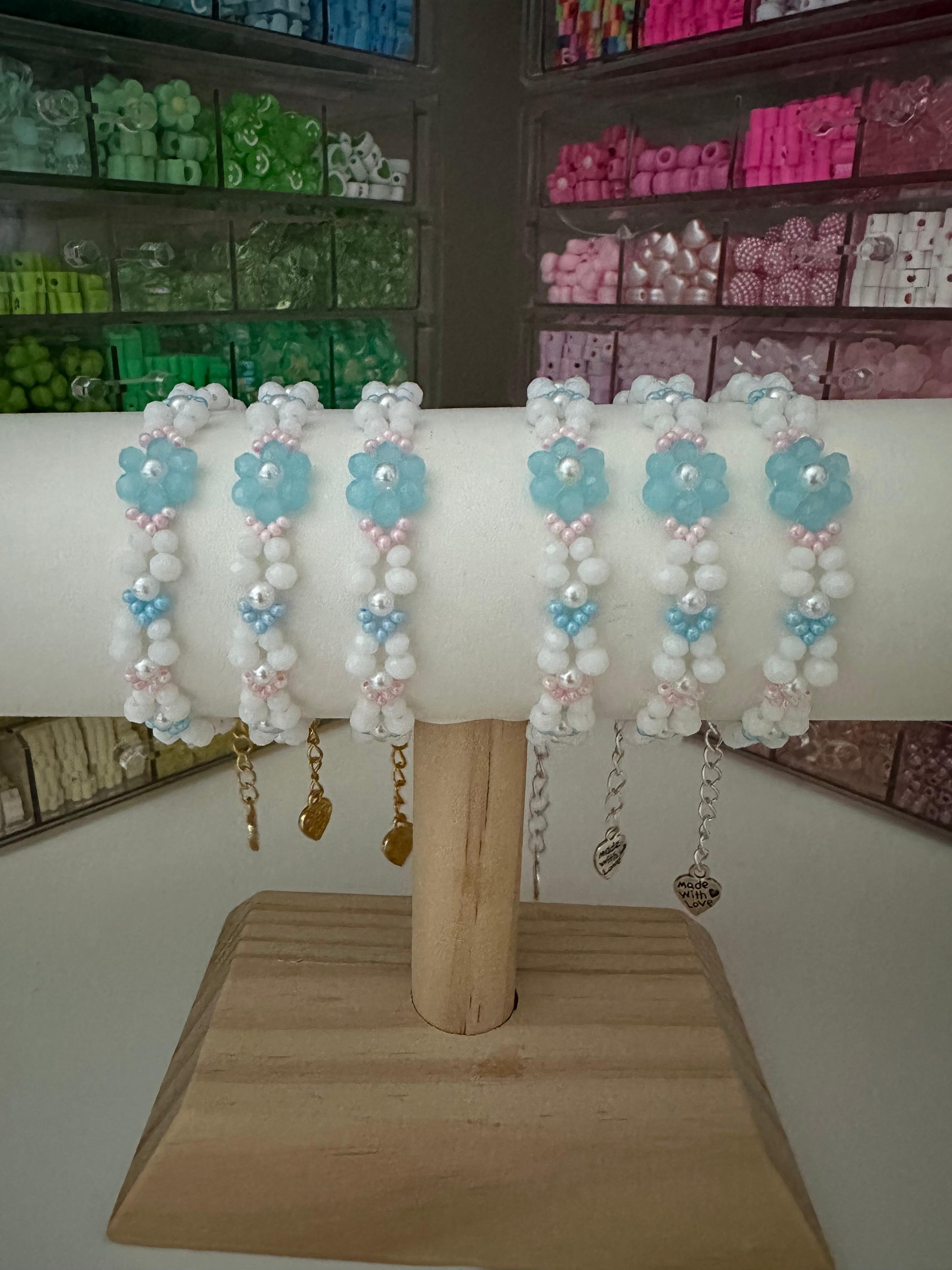 Pastel Bloom handmade bracelet with white and blue glass beads, faux pearls, and silver or gold clasp options