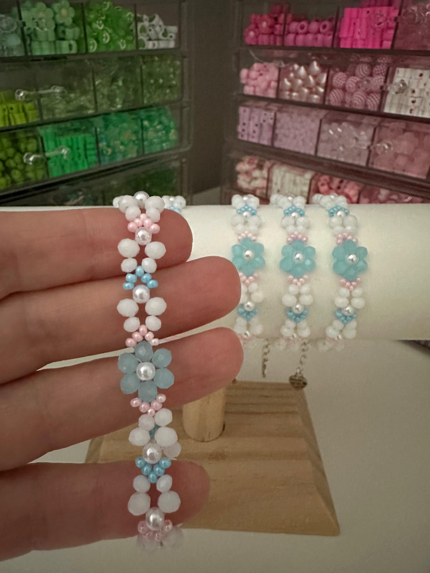Handmade pastel bloom bracelet with glass beads and silver or gold clasp