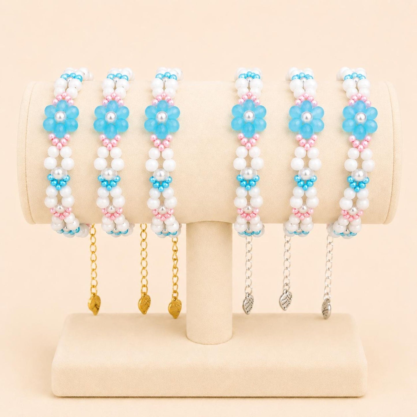 Handmade PASTEL BLOOM bracelet with white glass beads and gold clasp
