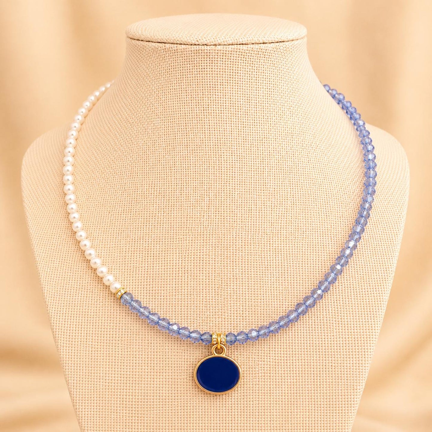 ALICE handmade pearl necklace with blue crystal beads and gold accents on nylon string