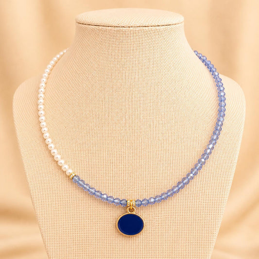 ALICE handmade pearl necklace with blue crystal beads and gold accents on nylon string