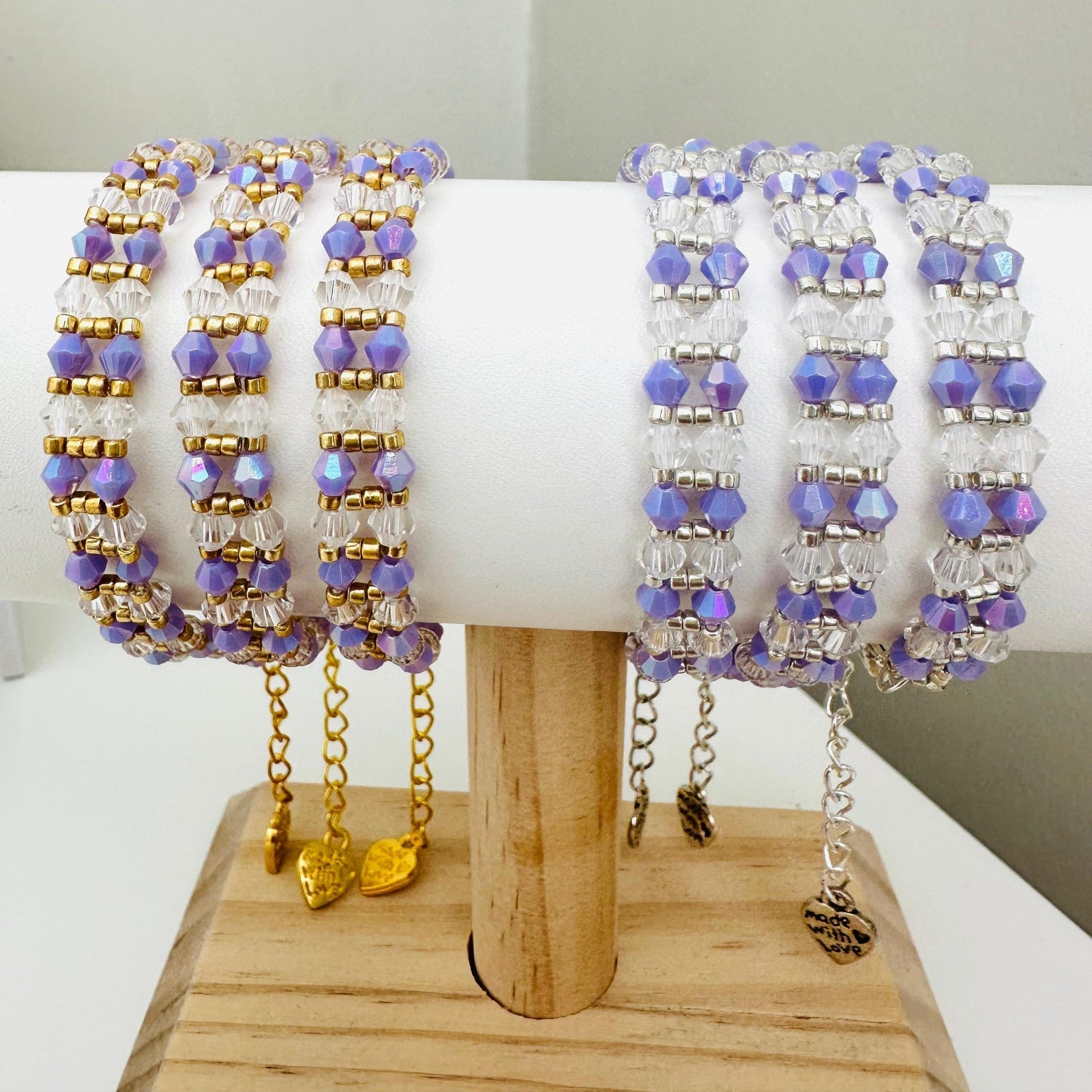 Purple Elegance Handmade Bracelet with purple, crystal, and gold or silver beads on stainless steel chain